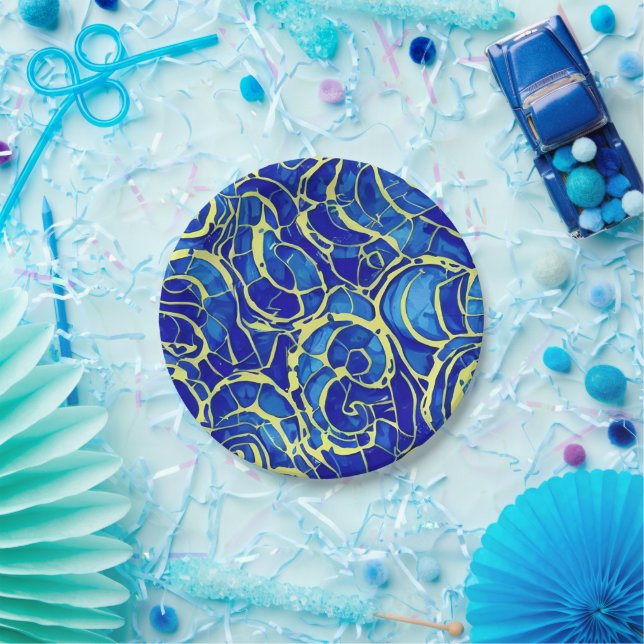 Abstract Bright Blue Mosiac Pattern Paper Plate (Party)
