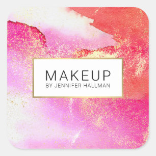 Abstract Bright Pink Watercolor Faux Gold Dust Square Sticker