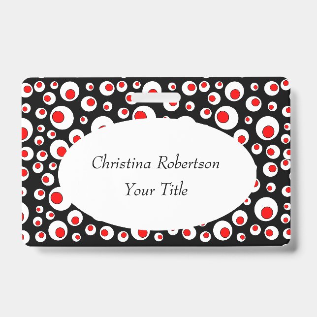 Abstract Bright Red Circles in White Circles Black ID Badge (Front)