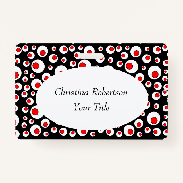 Abstract Bright Red Circles in White Circles Black ID Badge (Front)