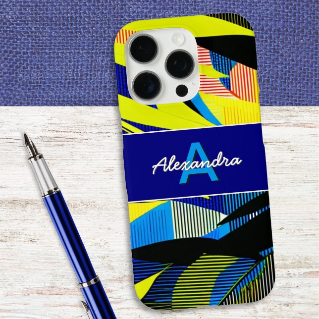 Abstract Bright Tropical Palm Leaves Monogrammed Case-Mate iPhone Case (A monogrammed phone case with bright abstract tropical leaves design)