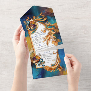Abstract bronze, gold-blue Baroque style All In One Invitation
