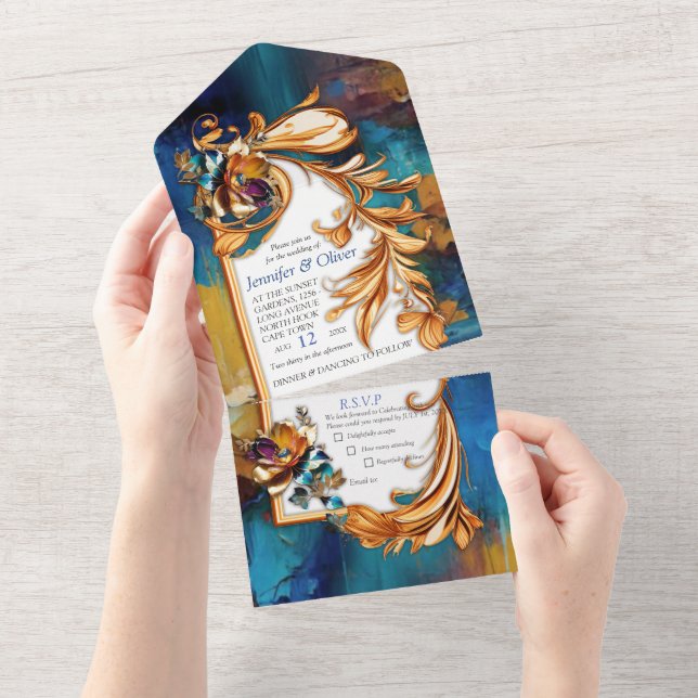 Abstract bronze, gold-blue Baroque style All In One Invitation (Tearaway)