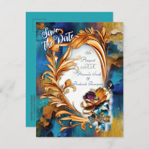Abstract bronze, gold-blue Baroque style Announcement Postcard