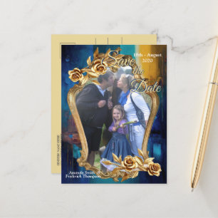 Abstract bronze, gold-blue Baroque style Announcement Postcard
