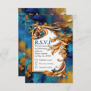 Abstract bronze, gold-blue Baroque style RSVP Card