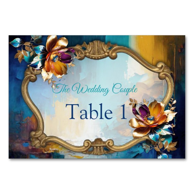 Abstract bronze, gold-blue Baroque style Table Number (Front)