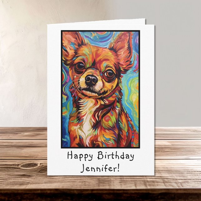 Abstract Brown Chihuahua Dog Happy Birthday Name Card (Creator Uploaded)