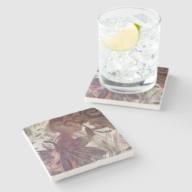 Abstract Brown Floral Design 1 Stone Coaster (Side)