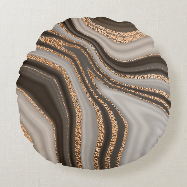 Abstract brown marble with gold texture round cushion (Front)
