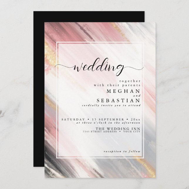 Abstract Brush Stroke Blush Gold Charcoal Invitation (Front/Back)