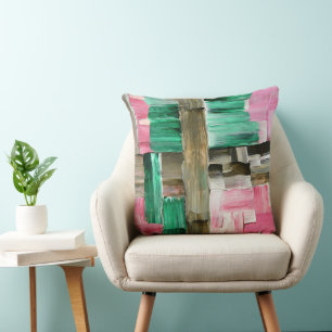 Abstract Brush Strokes in Green, Pink, and Brown Cushion