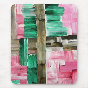 Abstract Brush Strokes in Green, Pink, and Brown Mouse Pad