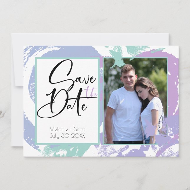 Abstract Brush Strokes Teal Lilac Save the Date Invitation (Front)