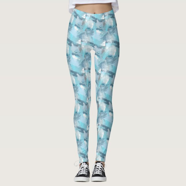 abstract brush strokes teal pattern. leggings (Front)
