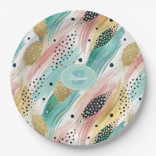 Abstract Brushstroke & Dot Pattern - Gold Accent 2 Paper Plate