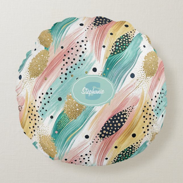 Abstract Brushstroke & Dot Pattern - Gold Accent 2 Round Cushion (Front)