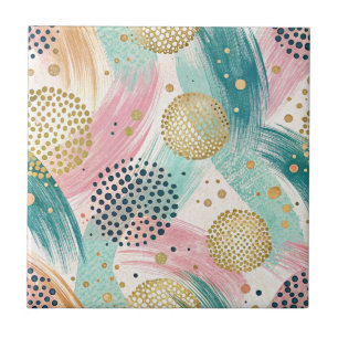 Abstract Brushstroke & Dot Pattern - Gold Accents Ceramic Tile