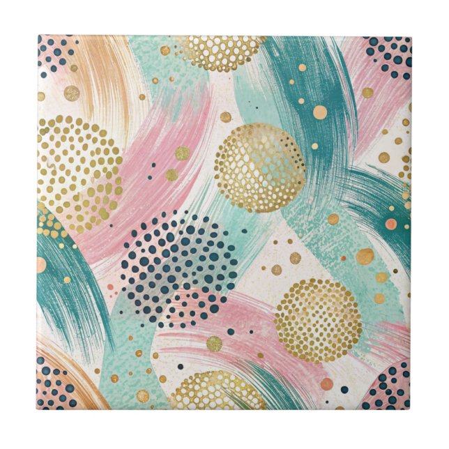 Abstract Brushstroke & Dot Pattern - Gold Accents Ceramic Tile (Front)