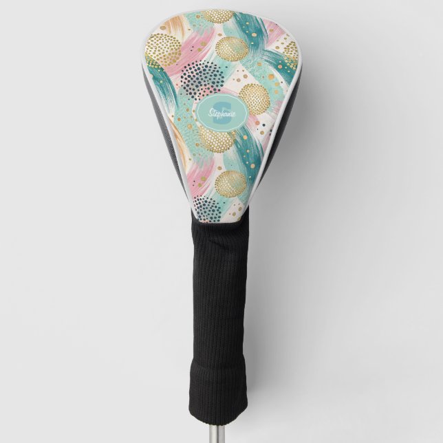 Abstract Brushstroke & Dot Pattern - Gold Accents Golf Head Cover (Front)