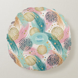 Abstract Brushstroke & Dot Pattern - Gold Accents Round Cushion