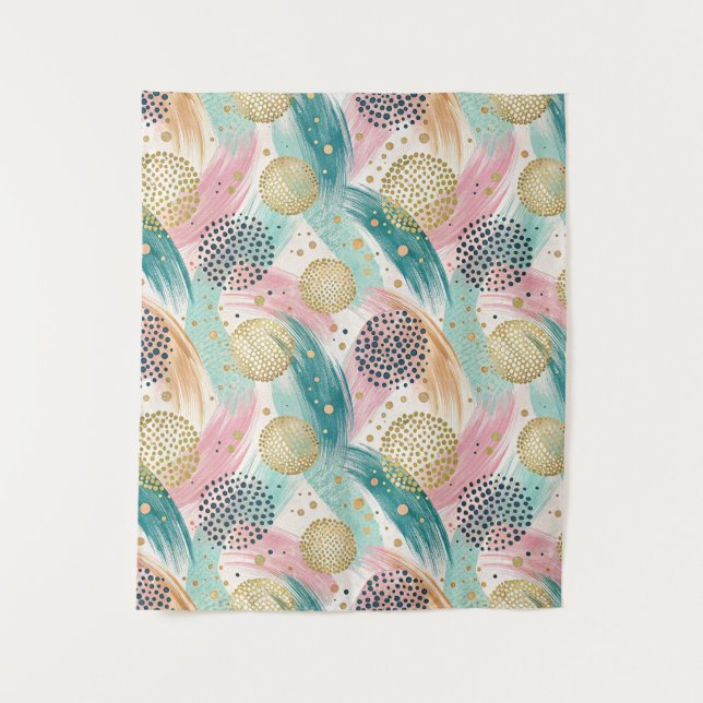Abstract Brushstroke & Dot Pattern - Gold Accents Tapestry (Front)