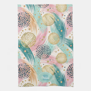Abstract Brushstroke & Dot Pattern - Gold Accents Tea Towel