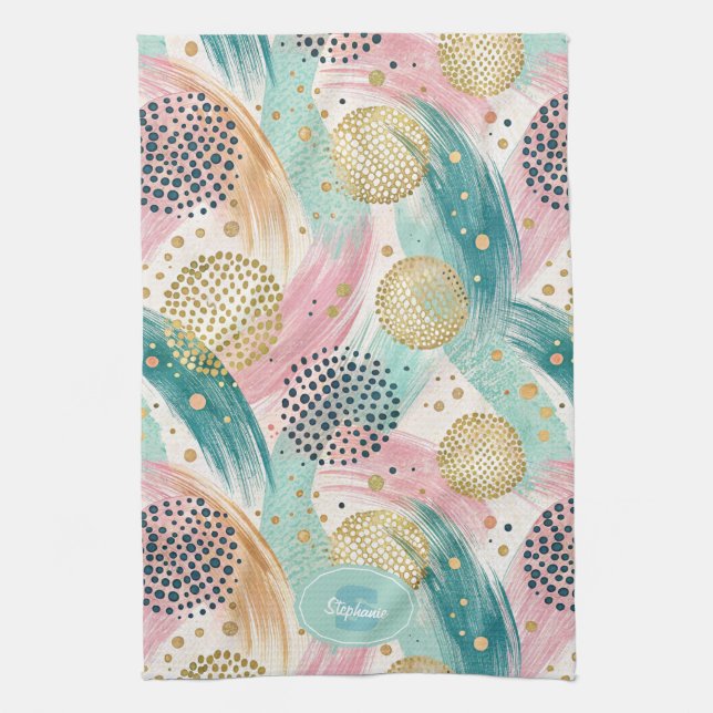 Abstract Brushstroke & Dot Pattern - Gold Accents Tea Towel (Vertical)