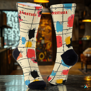 Abstract Brushstroke Socks with Modern Grid Design