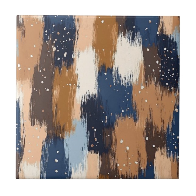 Abstract Brushstrokes in Blue, White & Brown (2) Ceramic Tile (Front)