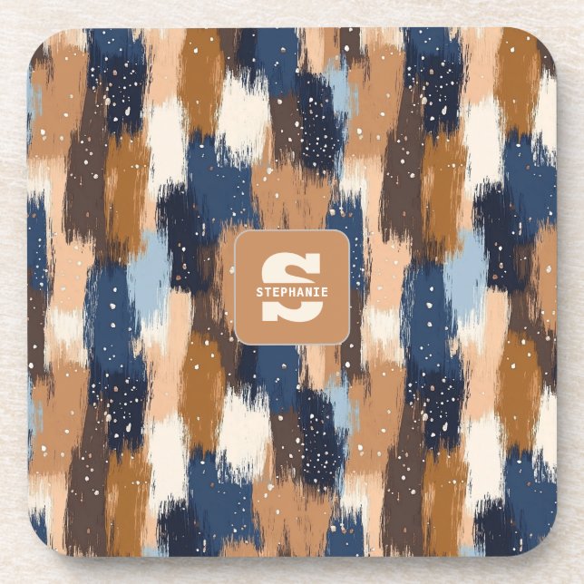 Abstract Brushstrokes in Blue, White & Brown (2) Coaster (Front)