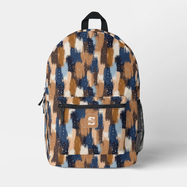 Abstract Brushstrokes in Blue, White & Brown (2) Printed Backpack (Front)