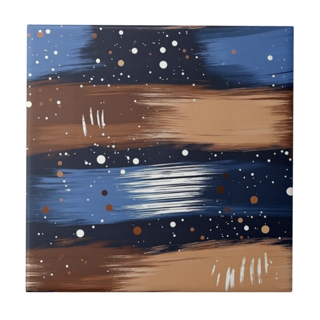 Abstract Brushstrokes in Blue, White & Brown (3) Ceramic Tile (Front)