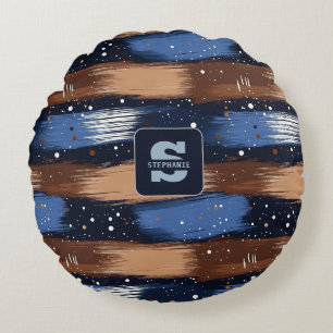 Abstract Brushstrokes in Blue, White & Brown (3) Round Cushion