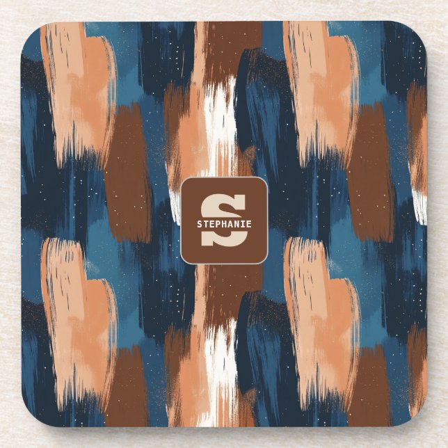 Abstract Brushstrokes in Blue, White & Brown Coaster (Front)