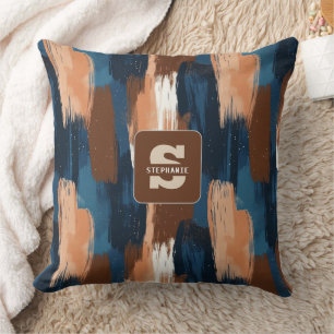 Abstract Brushstrokes in Blue, White & Brown Cushion