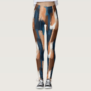 Abstract Brushstrokes in Blue, White & Brown Leggings