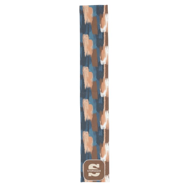 Abstract Brushstrokes in Blue, White & Brown Long Table Runner (Front)