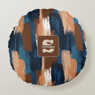 Abstract Brushstrokes in Blue, White & Brown Round Cushion