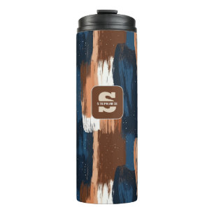 Abstract Brushstrokes in Blue, White & Brown Thermal Tumbler