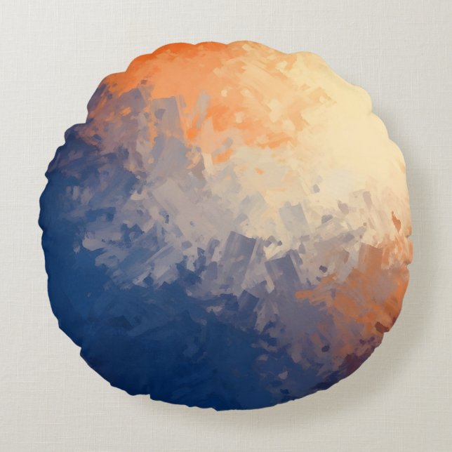 Abstract Brushstrokes: Vibrant Blue & Orange. Round Cushion (Front)