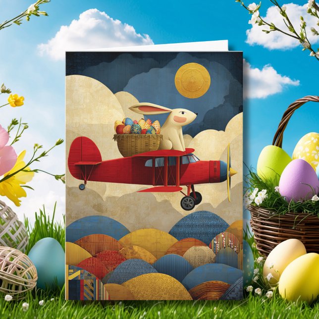 Abstract Bunny Flies Aeroplane Clouds Custom Easte Card (Creator Uploaded)
