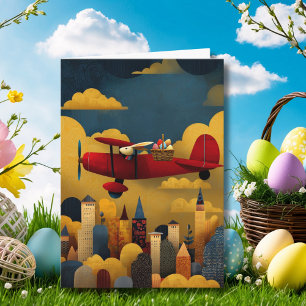Abstract Bunny Flies Airplane Clouds Custom Easter Card