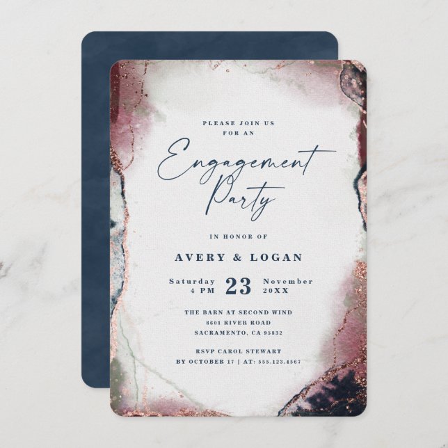Abstract Burgundy & Navy Blue Engagement Party Invitation (Front/Back)