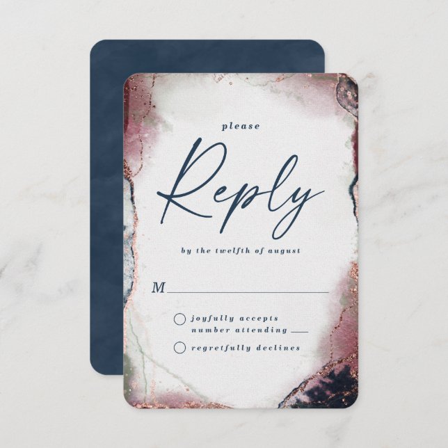 Abstract Burgundy & Navy Wedding RSVP Reply Card (Front/Back)