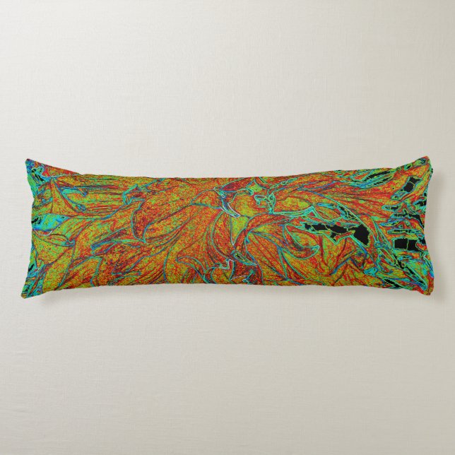 Abstract Burnt Orange and Green Dahlia Bloom Body Cushion (Front)