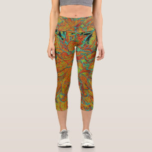 Abstract Burnt Orange and Green Dahlia Bloom Capri Leggings