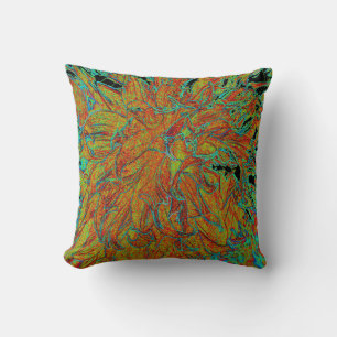 Abstract Burnt Orange and Green Dahlia Bloom Cushion