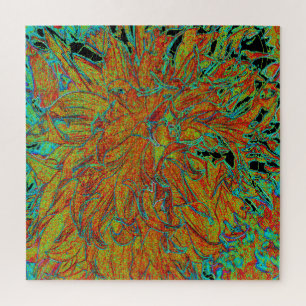 Abstract Burnt Orange and Green Dahlia Bloom Jigsaw Puzzle