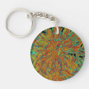 Abstract Burnt Orange and Green Dahlia Bloom Key Ring